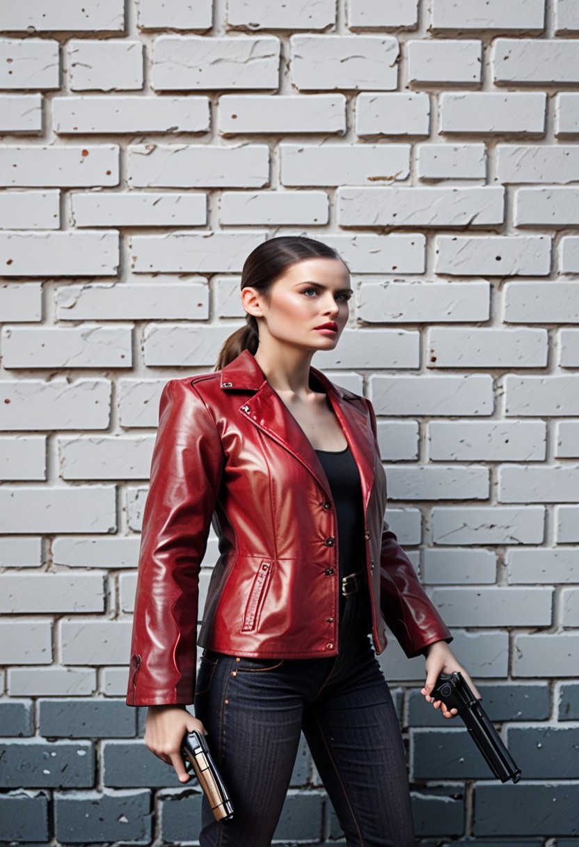 score_9, score_8_up, score_7_up, score_6_up, score_5_up, score_4_up, mona_sax_mp2, 1girl, red leather jacket, jean pants, holding gun, brick wall