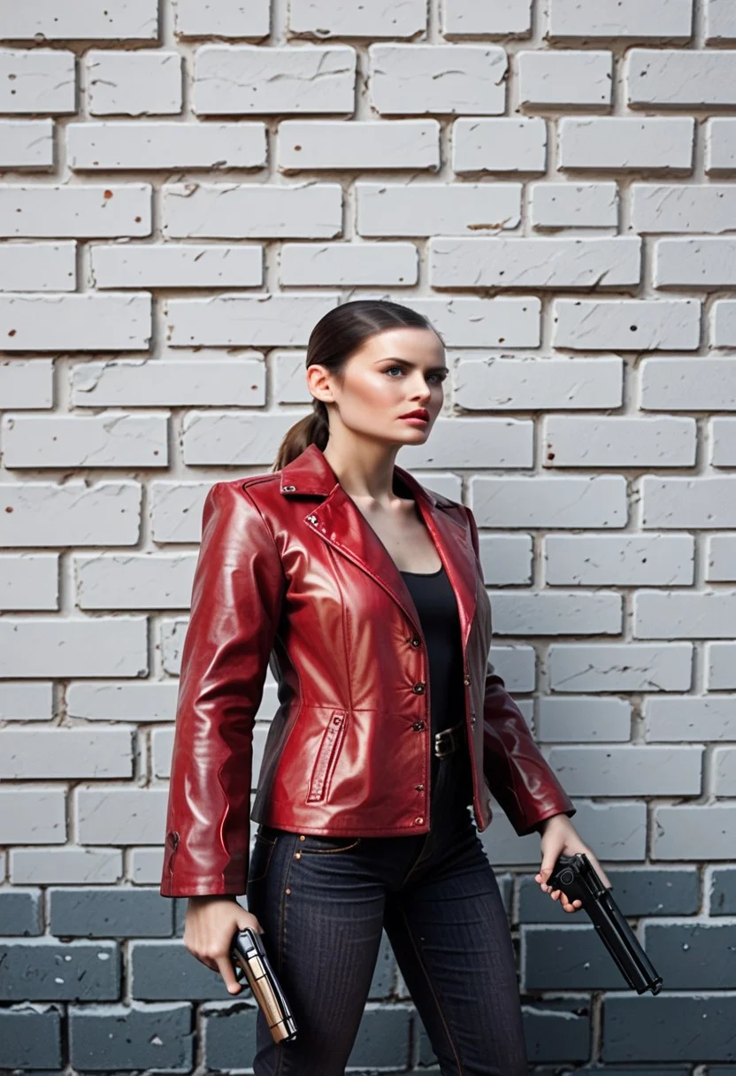 score_9, score_8_up, score_7_up, score_6_up, score_5_up, score_4_up, mona_sax_mp2, 1girl, red leather jacket, jean pants, holding gun, brick wall