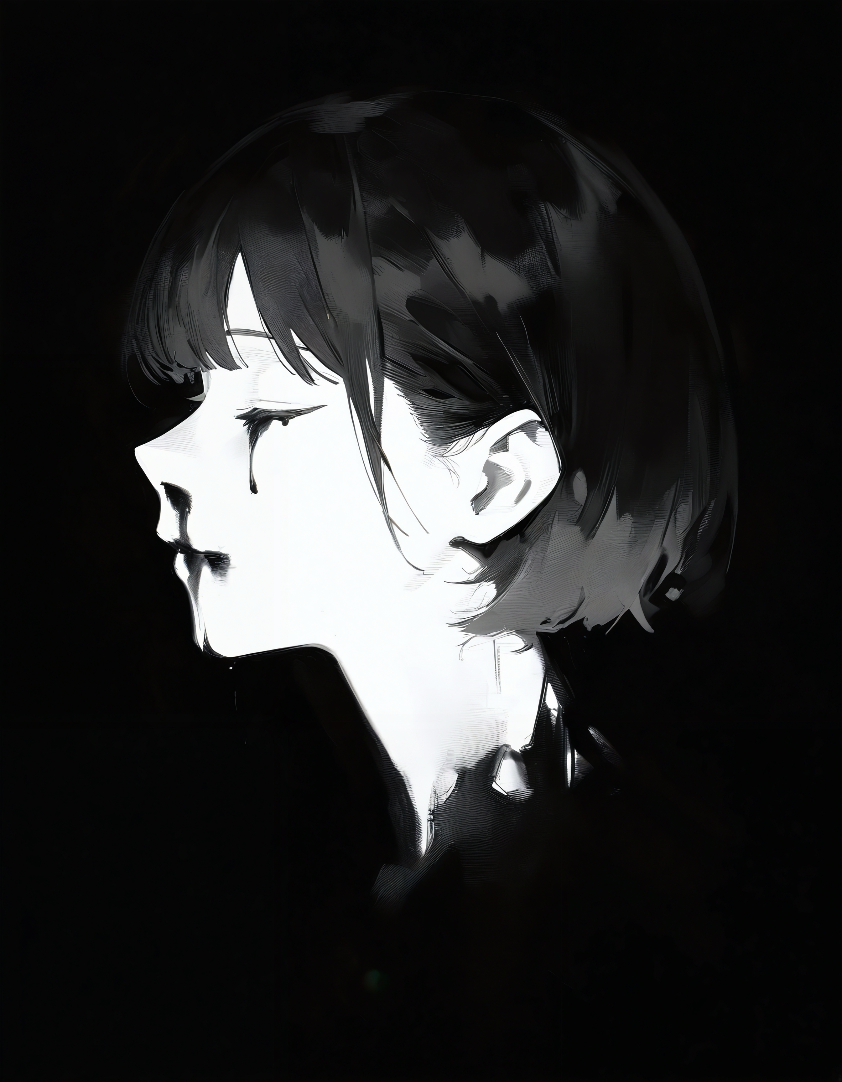 very awa, masterpiece, best quality, newest, absurdres, <lora:Gra0158>, abstract painting, painting, brush strokes, 1girl, solo, blood, female focus, monochrome, blood from eyes, blood from mouth, from side, greyscale, closed eyes, blood on face, portrait, short hair, nosebleed, closed mouth, black background,