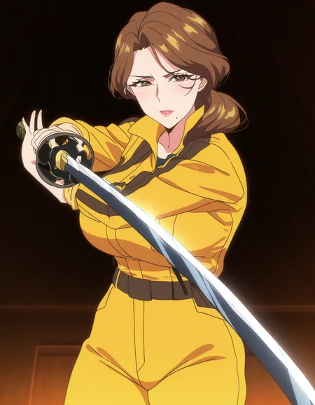 masterpiece, best quality, newest, absurdres, highres, safe,, <lora:yumiko-kimura-ova-ponyxl-lora-nochekaiser:1>, yumiko kimura, long hair, brown eyes, mole, huge breasts, mole under mouth, mature female, brown hair, anime screencap, <lora:sword-guard-stance-illustriousxl-lora-nochekaiser:1>, sword guard stance, sword, weapon, solo, katana, holding, holding weapon, holding sword, looking at viewer, jumpsuit, yellow jumpsuit, high collar, cowboy shot, pants,, ,