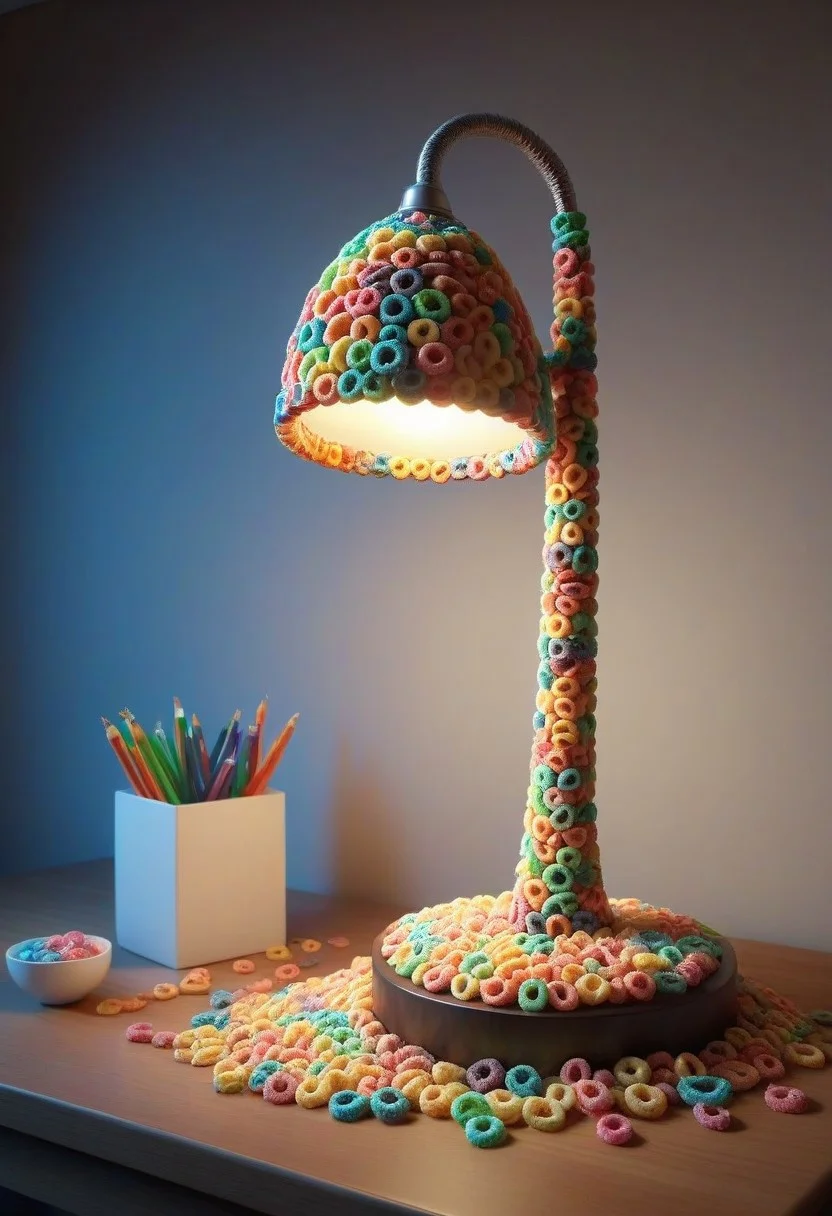 made of Fruit loops , epic picture of a desk lamp on a table, highly detailed, masterpiece, dramatic cinematic lighting, unforgettable, very intricate, high detail , photorealistic detail, ultra-realism , photorealistic,  ultra detailed ,octane render,    <lora:FruitLoopStyle_epoch_9:0.4>