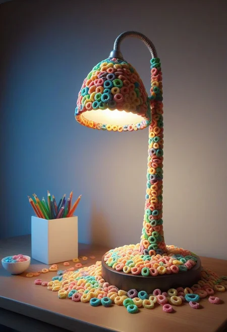 made of Fruit loops , epic picture of a desk lamp on a table, highly detailed, masterpiece, dramatic cinematic lighting, unforgettable, very intricate, high detail , photorealistic detail, ultra-realism , photorealistic,  ultra detailed ,octane render,    <lora:FruitLoopStyle_epoch_9:0.4>