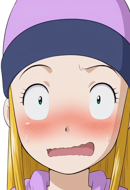 masterpiece, best quality, solo, beautiful eyes, zzIzumi, green eyes, blonde hair, long hair, spec35, looking at viewer, blush, embarrassed, open mouth, hat, eyelashes, surprised, portrait, close-up, wide-eyed, constricted pupils, ,<lora:OrimotoIzumiDigimon_IXL:1.0>,