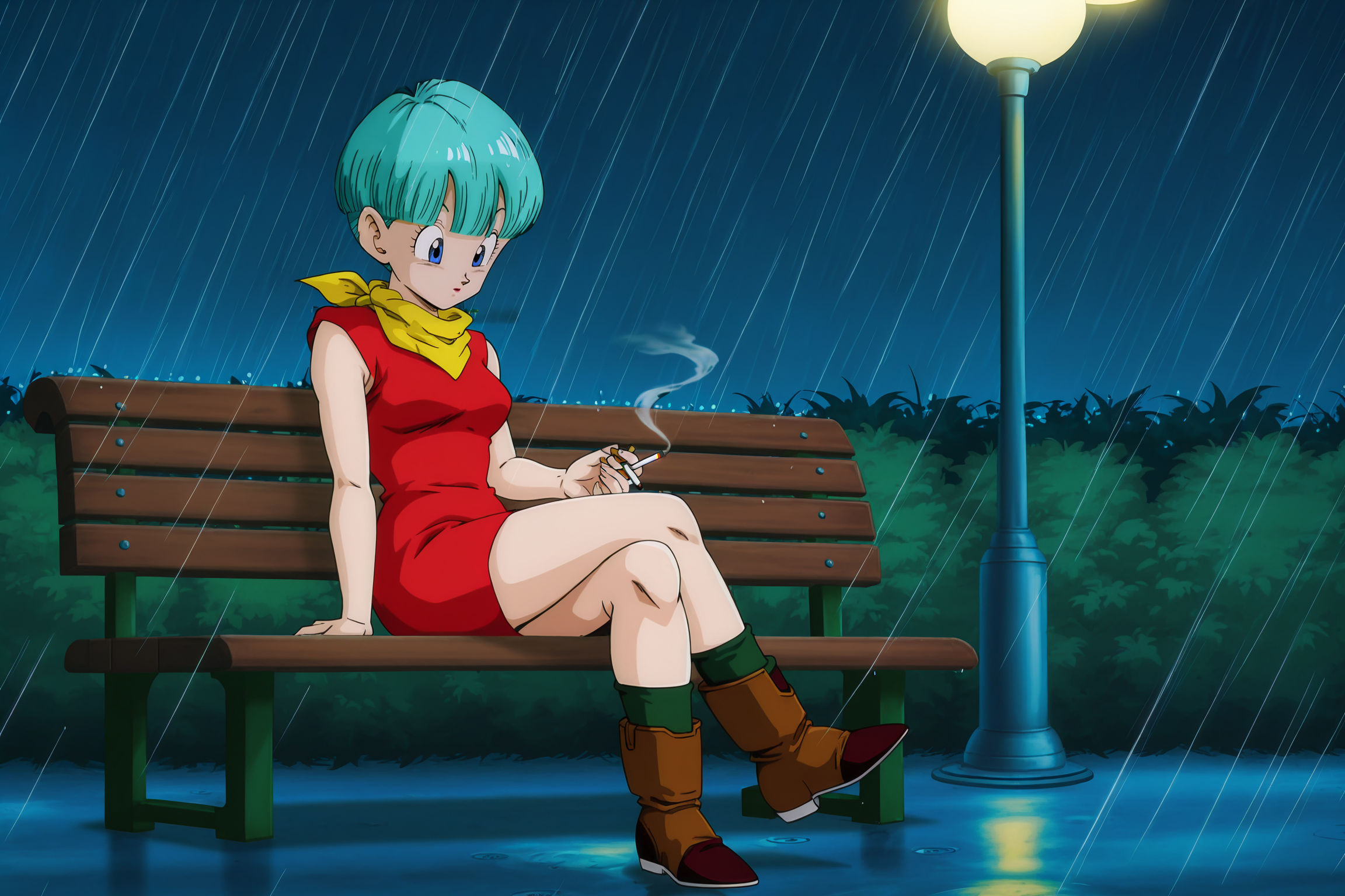 anime screencap, absurdres, high quality, official style,
bulma, dbz, red buu saga outfit, buu saga, 1girl, solo, short hair, blue eyes, short dress, holding cigarette, sitting, ankle boots, outdoors, sleeveless dress, garden, aqua hair, night, umbrella, brown footwear, red dress, crossed legs, rain, holding umbrella, bench, lamppost, yellow neckerchief, bowl cut, cigarette, socks, green legwear, bush, grass, looking down at self, bangs
<lora:Bulma_IL:0.8>