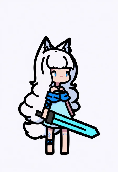 best quality, amazing quality, very aesthetic, absurdres,
1girl, chibi,
long hair, white hair, blue eyes,
wolf ears, wolf girl, wolf tail,
bare shoulders, tattoo, dress, holding weapon, sword,
standing, full body, solo, looking at viewer, simple background, white background, <lora:RabbitAndSteelIllustriousLocon_byKonan:1>