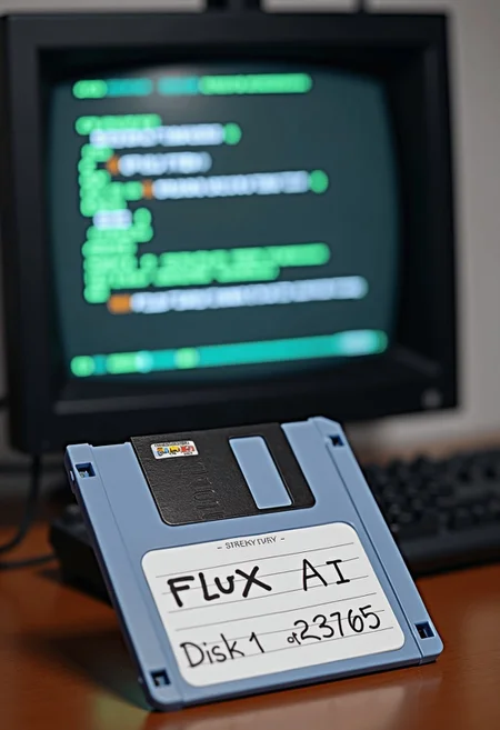 a 1990s era floppy disk with a handwritten sticker that reads "FLUX AI" and then with smaller writing the words "Disk 1 of 23765"; in the background a 1990s computer DOS screen