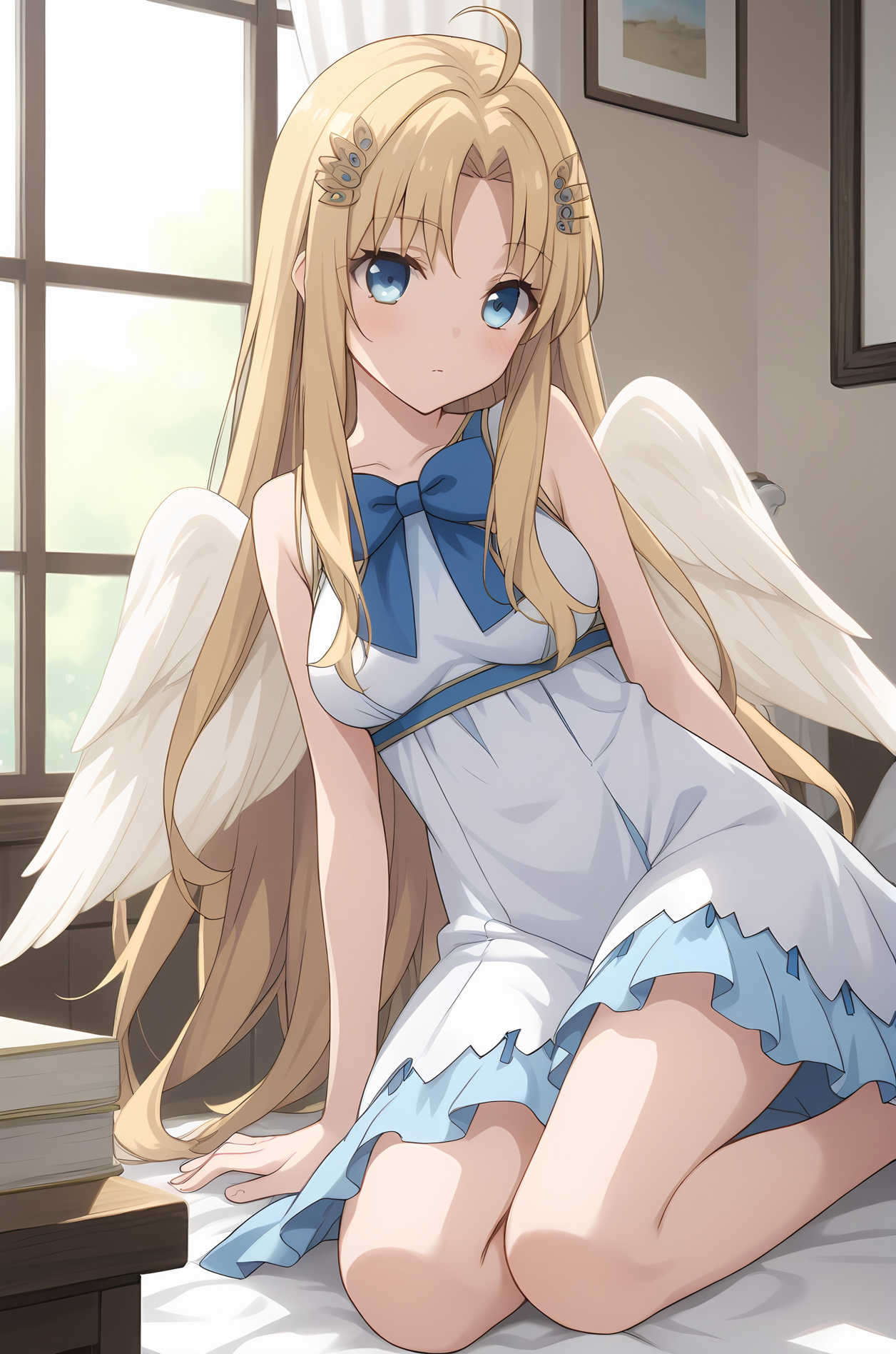 (white dress blue bowtie:1.40), sh-filo, white wings, long hair, parted bangs, ahoge, hair ornament, blue eyes, 1girl, solo, skinny, (score_9, score_8_up, score_8, score_7_up), score_7, score_6_up, score_6, source_anime,
(blush:1.20),
(indoors:1.20),
(close-up:1.30),
(:1.30), <lora:sh-filo-V01-000004:0.80>, (medium breasts), [bare legs, barefoot]