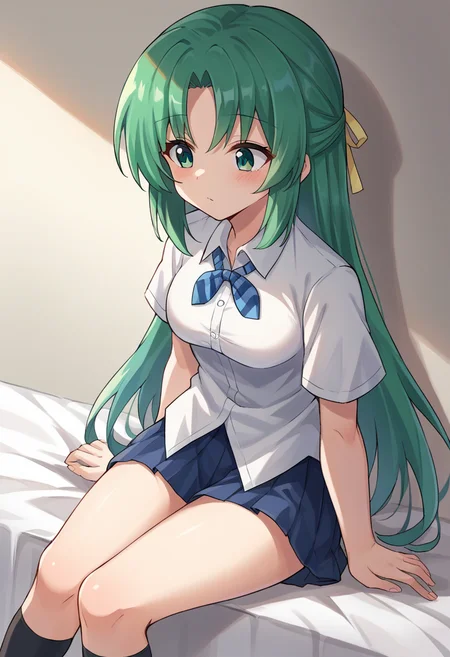 score_9, score_8_up, score_7_up, 1girl, solo, source_anime BREAK sonozaki shion, green hair, long hair, green eyes, yellow ribbon, white shirt, blue necktie, pleated skirt, sitting, black kneehighs, <lora:SHionAdapt0.5 15-000011:1>