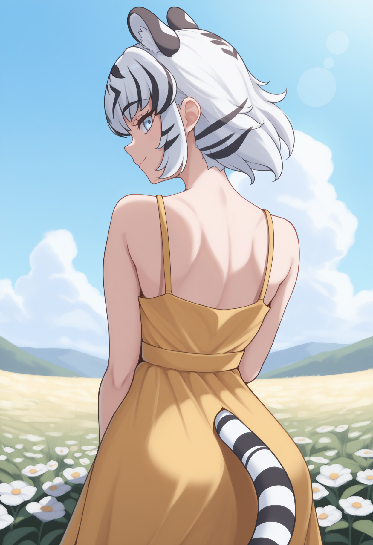 masterpiece, best quality, <break> from behind, solo, 1girl, wh1te t1ger, tiger tail, smile, looking back, short hair, two-tone hair, white hair, black hair, animal ears, extra ears, blue eyes, tiger print, yellow sundress, bare shoulders, outdoors, blue sky, cloud, flower field, lens flare
<segment:yolo-Anzhc Face seg 640 v2 y8n.pt,0.4,0.5//cid=1>