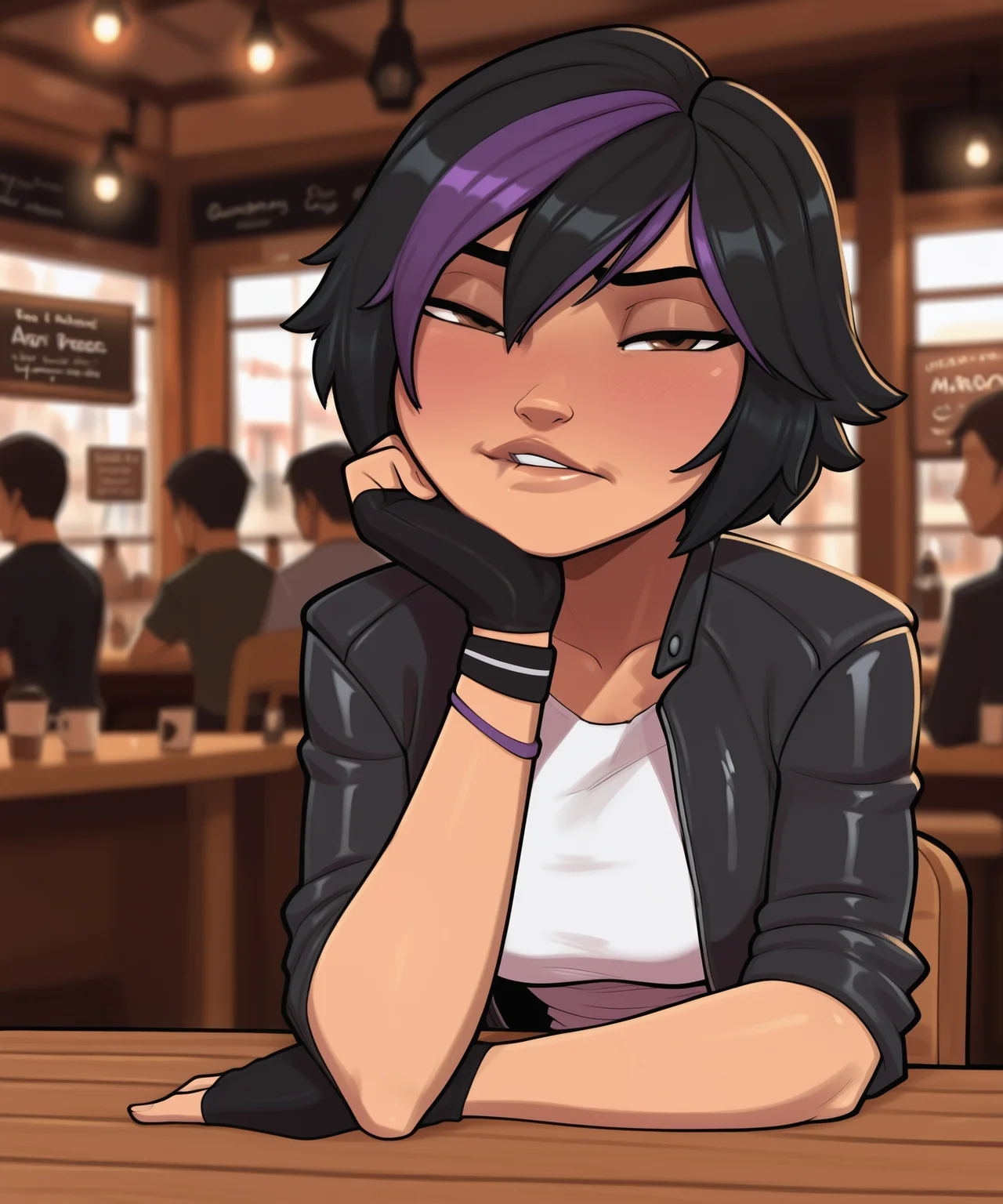 masterpiece,best quality, beautiful lighting, mrporty, warm lighting, dramatic lighting,depth of field, blurry background, coffee shop, anonymous crowd, blurry people, window, chairs, sign, 1girl, solo, portrait, GogoBH, white shirt, cropped jacket, leather jacket, black hair, dyed bangs, purple bangs, brown eyes, fingerless gloves, wristband, elbow on table, resting head on hand, half-closed eyes, blushing, biting lip, looking at viewer, view from the front, view from the side, large breasts, wooden table,