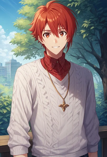 score_9, score_8_up, score_7_up, source_anime, highly detailed,
rikunanase, 1boy, male focus, solo, red hair, smile, jewelry, red eyes, necklace, looking at viewer, shirt, red shirt, pants, plaid, upper body, sweater, white sweater,
outdoor, sky, tree