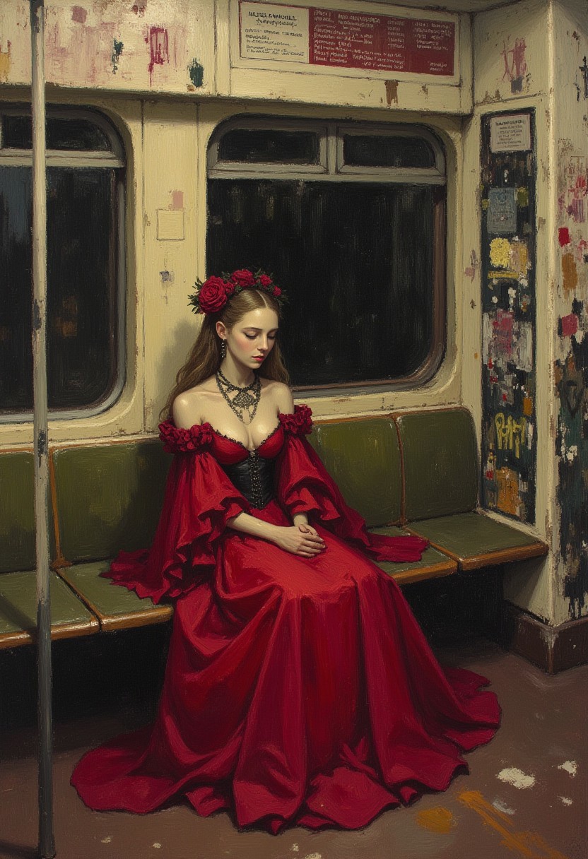 a realistic renaissance dry brush painting. a candid 80s nyc subway scene. the 80s subway wagon's interior is ruined and brimming with street art all over the place. on a bench a pale, lone woman sits with crossed legs, wearing an red goth gown, intricate and voluminous, exuding royal baroque aesthetics. her appearance is elegant, yet her expression and posture is dull and bored.
behind her the wide and expansive subway side window, gives a glance at the dark tunnel, with dim lights rushing sideways.