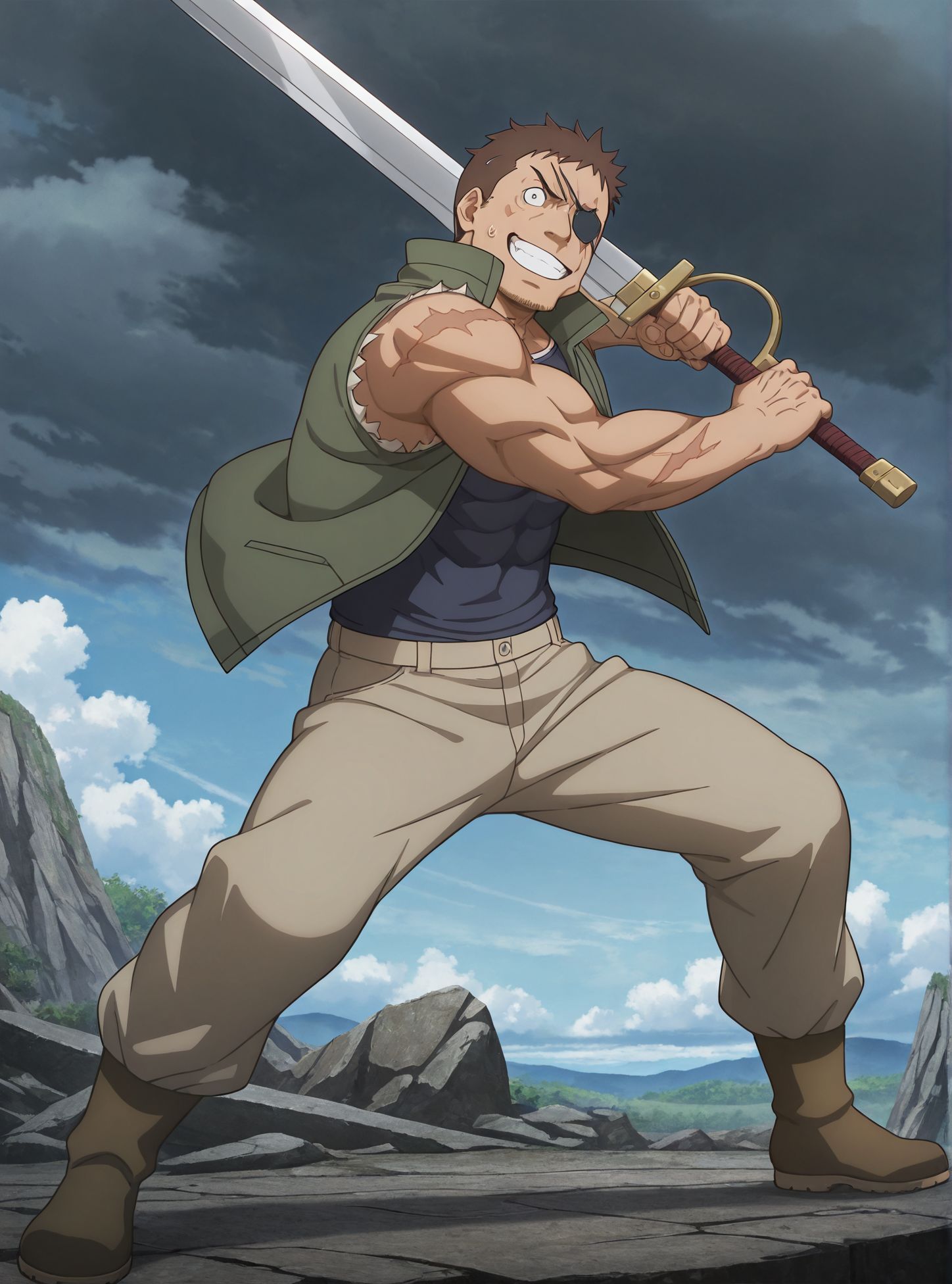 masterpiece,best quality,amazing quality,very aesthetic,absurdres,newest, huge filesize, <lora:spo_sdxl_10ep_4k-data_lora_webui:0.5>, <lora:add-detail-xl:1> 
fullmetal alchemist, official art, 
<lora:DANMACHI_V3:1>DANMACHI_V3,
1boy,male focus,mature male, 
solo,big scar,holding sword, 
eyepatch,brown hair,muscular male, 
sweatdrop,teeth,short hair, open jacket, 
smile,grin,full body, 
cloud,
d_bors,