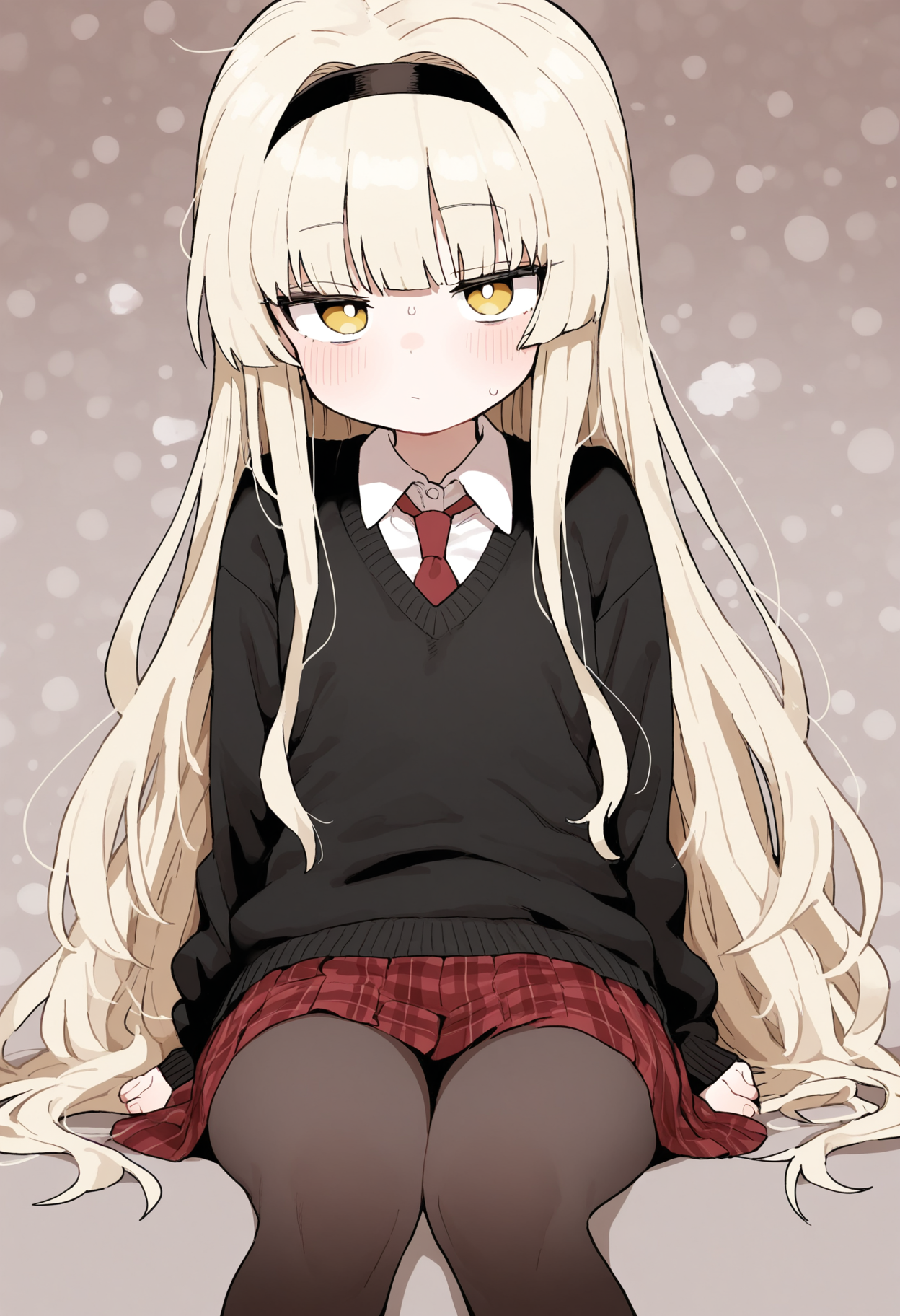 masterpiece,best quality,amazing quality,
long hair, skirt, necktie, 1girl, blonde hair, red skirt, pantyhose, sitting, red necktie, very long hair, shirt, sweater, looking at viewer, white shirt, yellow eyes, collared shirt, long sleeves, closed mouth, bangs, solo, hairband, pleated skirt, plaid skirt, black sweater, invisible chair, school uniform, polka dot,
<lora:Lativi_V2_epoch_10:1>