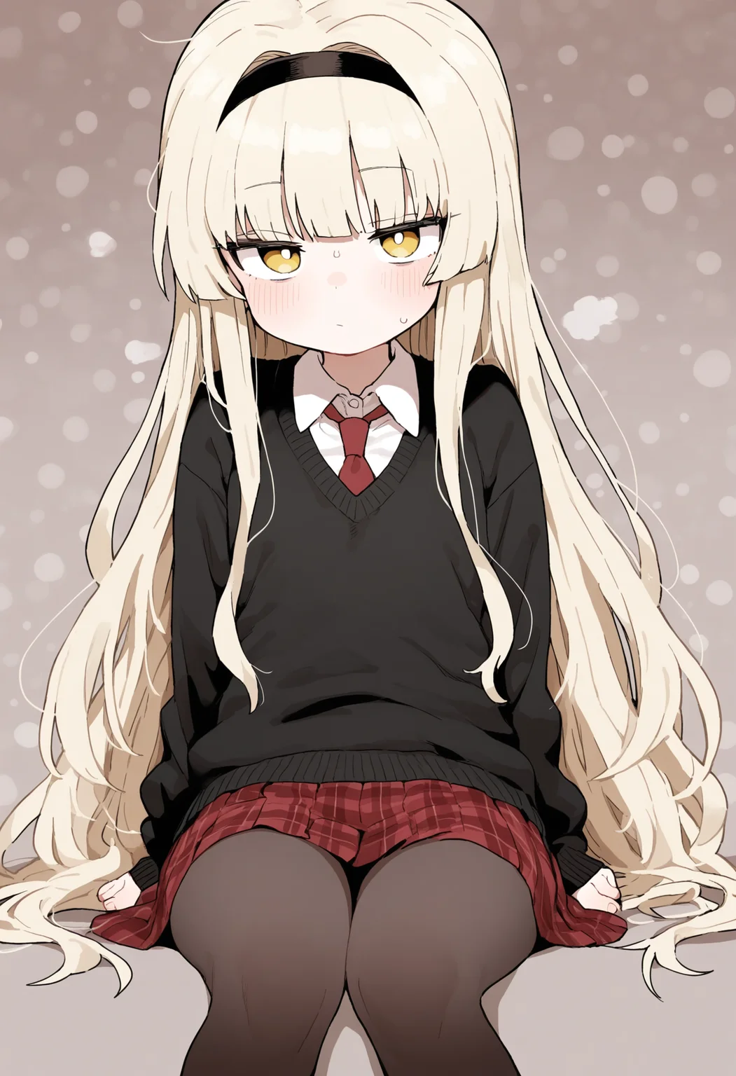 masterpiece,best quality,amazing quality,
long hair, skirt, necktie, 1girl, blonde hair, red skirt, pantyhose, sitting, red necktie, very long hair, shirt, sweater, looking at viewer, white shirt, yellow eyes, collared shirt, long sleeves, closed mouth, bangs, solo, hairband, pleated skirt, plaid skirt, black sweater, invisible chair, school uniform, polka dot,
<lora:Lativi_V2_epoch_10:1>