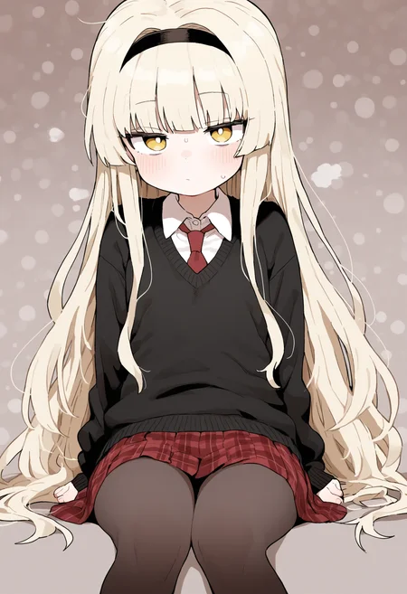 masterpiece,best quality,amazing quality,
long hair, skirt, necktie, 1girl, blonde hair, red skirt, pantyhose, sitting, red necktie, very long hair, shirt, sweater, looking at viewer, white shirt, yellow eyes, collared shirt, long sleeves, closed mouth, bangs, solo, hairband, pleated skirt, plaid skirt, black sweater, invisible chair, school uniform, polka dot,
<lora:Lativi_V2_epoch_10:1>