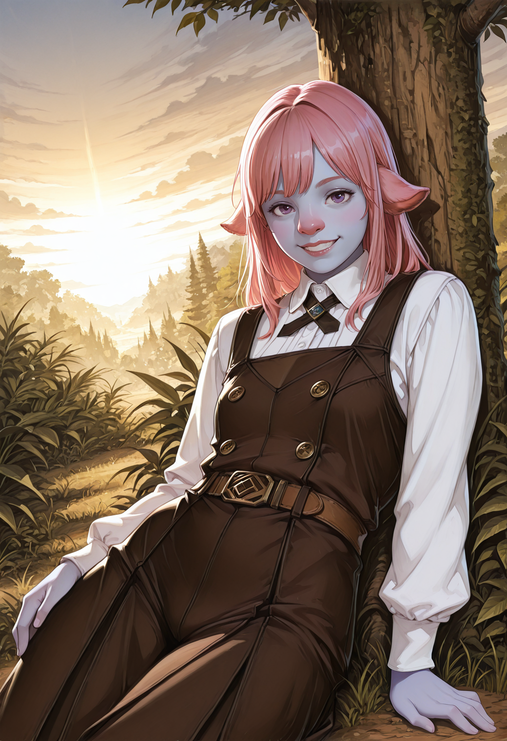 very awa, lineart, [sei shoujo], [yoshiten], style parody, [bang dream!], [arcane: league of legends], [league of legends], (dynamic angle:1.3), (cowboy shot:1.2) BREAK 1girl, solo, <lora:Firbolg:0.7> (Firbolg:1.3), furry, (big nose:1.2), animal ears, (sidewise floppy ears), deep pink hair, fade cut hair, purple eyes, (light blue skin:1.2), stocky body, , flat chested, perfect hands, dark lips, (inspired), wide grin,side eye BREAK wearing rustic hooded (detailed yellow_orange and pale black leather pinafore dress), round back with criss cross tie up, gaiters, BREAK medieval, fantasy, outdoors, detailed landscape, tropical jungle, trees, overgrown jungle, trees, debris,shrubs,grass, reclining, sitting, yokozuwari , arms relaxed, against tree, winter, winter_clothes, sunrise, soft light, long shadows, yellow sky, gradient sky, cloudy sky, sunlight,, cinematic lighting BREAK <lora:Expression_Detailer_Illustrious_Lora:0.7> <lora:DarkerThanDarkIllustriousV1:0.5> <lora:Relatively_Default_V1_Illu_Edition:0.7> RD-Illu