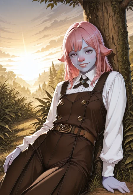 very awa, lineart, [sei shoujo], [yoshiten], style parody, [bang dream!], [arcane: league of legends], [league of legends], (dynamic angle:1.3), (cowboy shot:1.2) BREAK 1girl, solo, <lora:Firbolg:0.7> (Firbolg:1.3), furry, (big nose:1.2), animal ears, (sidewise floppy ears), deep pink hair, fade cut hair, purple eyes, (light blue skin:1.2), stocky body, , flat chested, perfect hands, dark lips, (inspired), wide grin,side eye BREAK wearing rustic hooded (detailed yellow_orange and pale black leather pinafore dress), round back with criss cross tie up, gaiters, BREAK medieval, fantasy, outdoors, detailed landscape, tropical jungle, trees, overgrown jungle, trees, debris,shrubs,grass, reclining, sitting, yokozuwari , arms relaxed, against tree, winter, winter_clothes, sunrise, soft light, long shadows, yellow sky, gradient sky, cloudy sky, sunlight,, cinematic lighting BREAK <lora:Expression_Detailer_Illustrious_Lora:0.7> <lora:DarkerThanDarkIllustriousV1:0.5> <lora:Relatively_Default_V1_Illu_Edition:0.7> RD-Illu