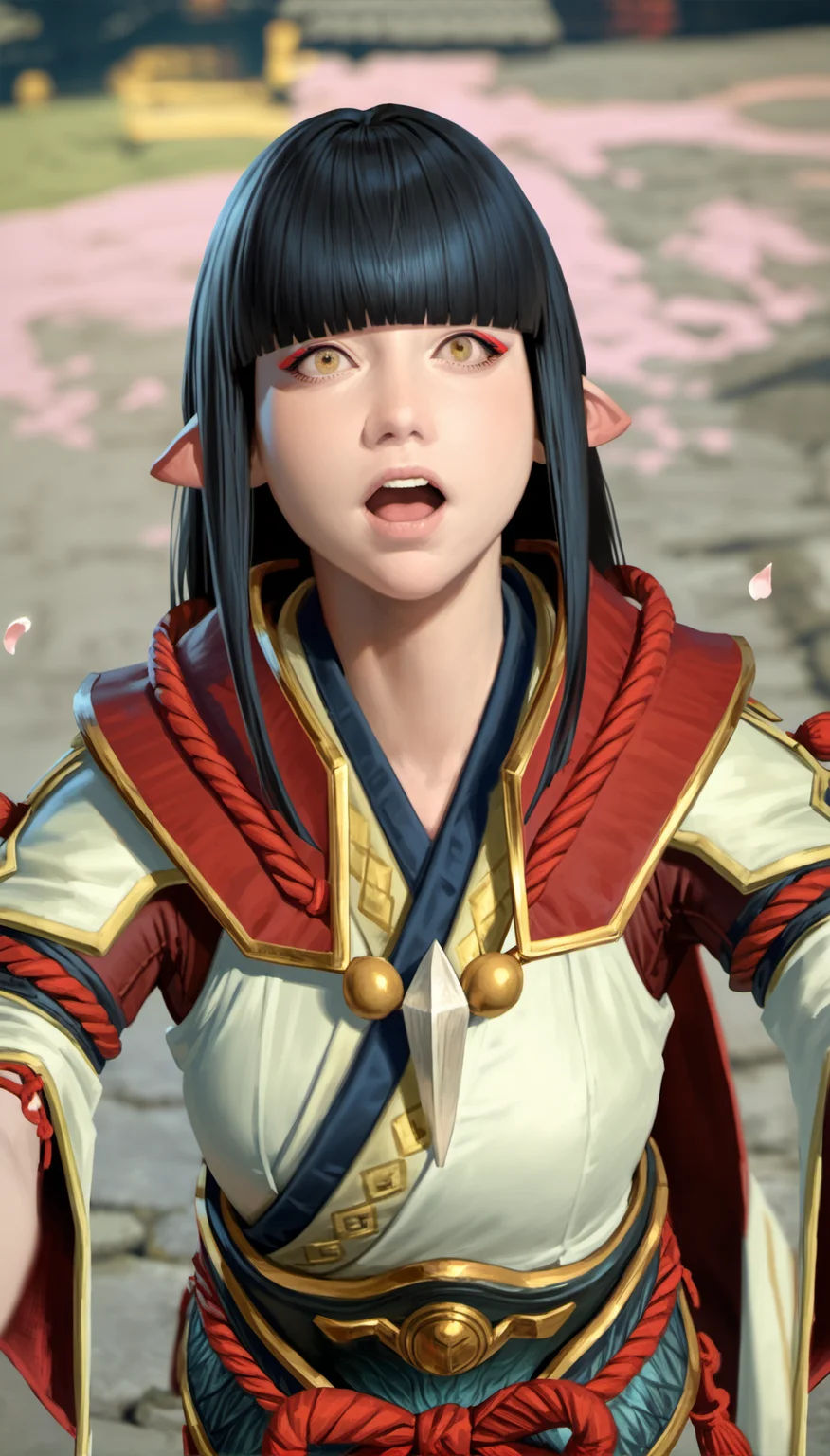 score_9,score_8_up,score_7_up,
<lora:hinoa:0.9>,
mhhinoa,
photorealistic,
1girl,solo,black hair,long hair,blunt bangs,yellow eyes,open mouth,pointy ears,red and white short cape,shoulder necklace,white japanese robe top,deep red undershirt,detached sleeves,upper body,from above,reaching hand,
blurry background,outdoors,falling petals,ground,