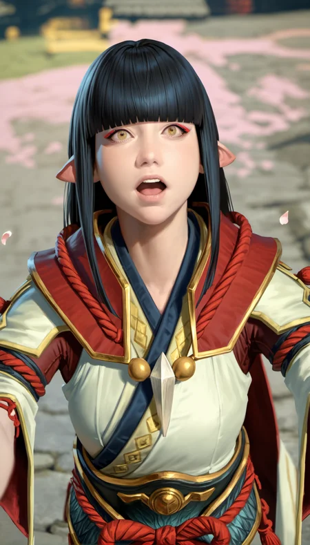 score_9,score_8_up,score_7_up,
<lora:hinoa:0.9>,
mhhinoa,
photorealistic,
1girl,solo,black hair,long hair,blunt bangs,yellow eyes,open mouth,pointy ears,red and white short cape,shoulder necklace,white japanese robe top,deep red undershirt,detached sleeves,upper body,from above,reaching hand,
blurry background,outdoors,falling petals,ground,