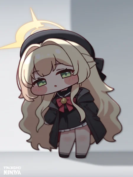 (trickcalcg, chibi:1.4), (blush stickers, blush), blue archive, professor niyaniya \(blue archive\), 1girl, artist name, beret, black coat, black hat, black sailor collar, black serafuku, black shirt, blonde hair, blush, bow, bowtie, coat, green eyes, hair intakes, half updo, halo, hat, long hair, looking at viewer, open clothes, open coat, red bow, red bowtie, sailor collar, school uniform, serafuku, shirt, simple background, solo, wavy hair, white background, yellow halo,
colorful, (best shadow:1.2), golden hour lighting, (Depth of field:1.2), beautiful detailed glow,
(masterpiece, best quality, absurdres, highres, newest:1.2), very awa,