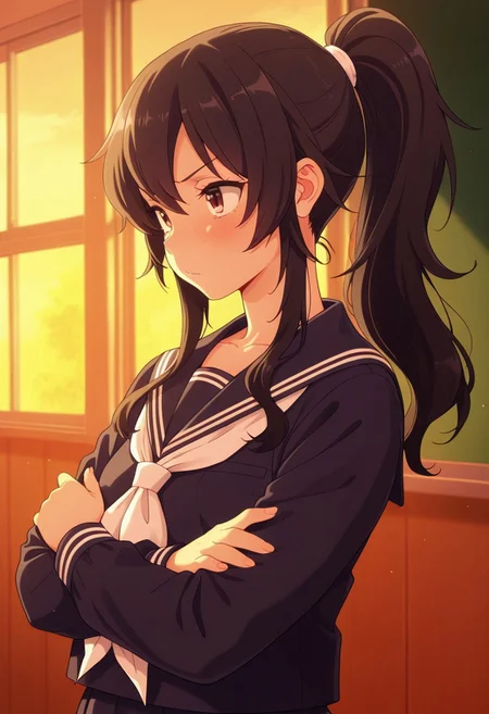 masterpiece,best quality,amazing quality, ameku takao, long hair, black hair, brown eyes, 1girl, solo, school uniform, ponytail, serafuku, crossed arms