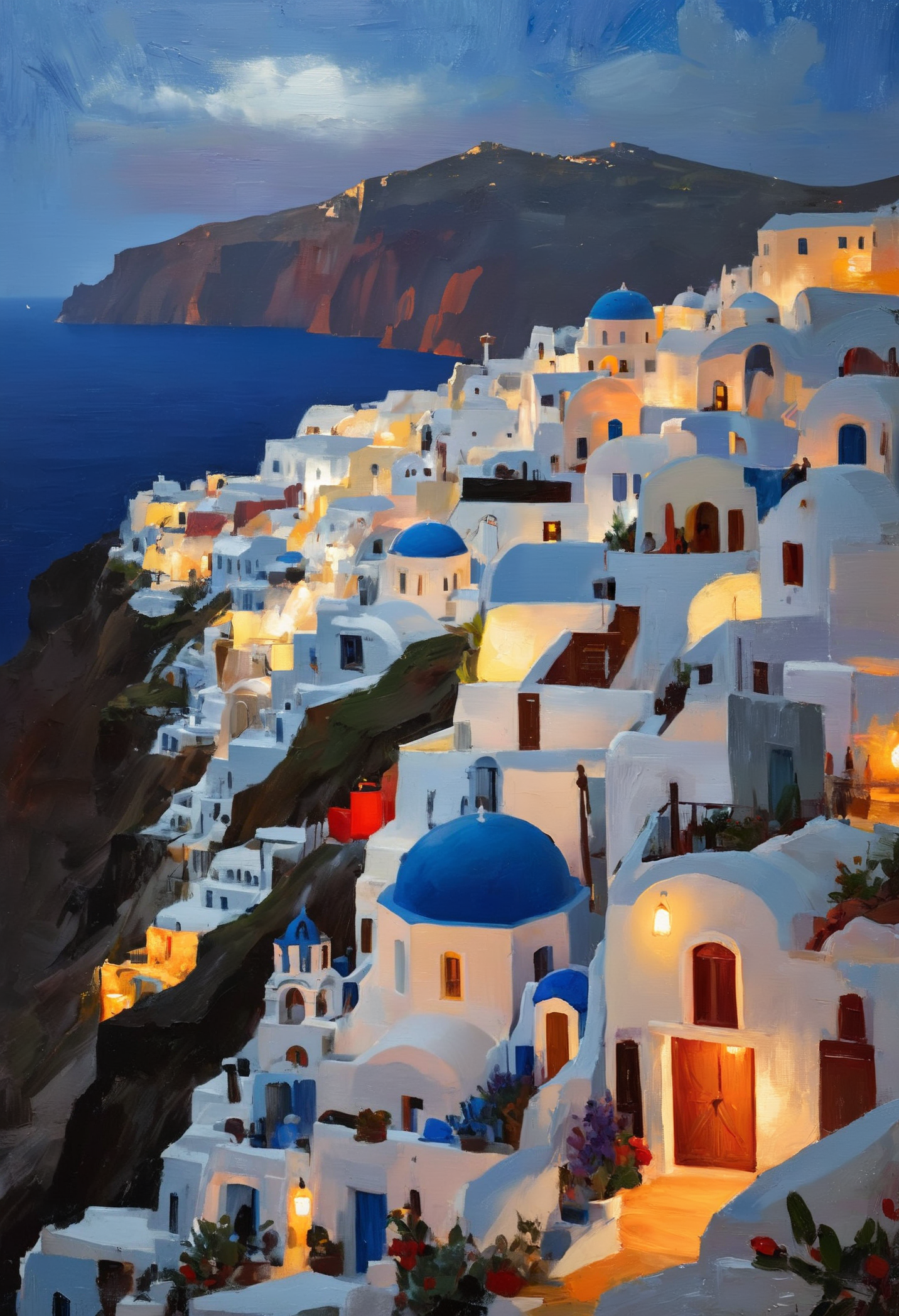 (impressionistic realism by csybgh), beautiful Santori, city of Oia, masterpiece, 8k, impasto painting, rough brushwork