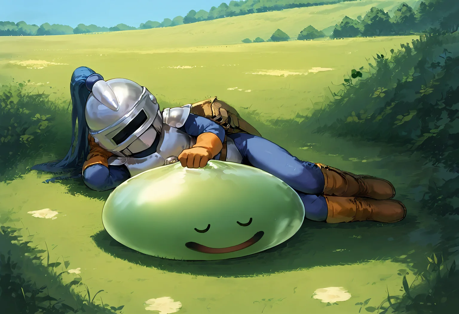 score_9,score_8_up,score_7_up,best quality,masterpiece,super detailed,full_body,zPDXL BREAK nature,field,2others,
<lora:Pony_DetailV2.0:1> BREAK slime knight,slime_(dragon_quest),armor,helmet,knight,<lora:slime knight-v3-pony:0.7>,happy,on side,sleeping,closed eyes,zzz,