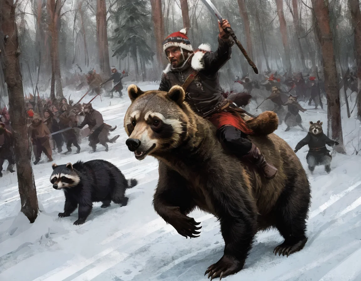 <lora:crmu:0.6>crmu, man with sword riding bear wearing raccoon hat in snow with trees and other people riding bears in background