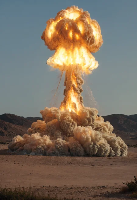 score_9_up, score_8_up, masterpiece, realistic, 8k, shallow depth of field, cinematic,((nuclear explosion in the background:1.6)), explosion, ((nuxxx, n6cl3ar 3xpl0s10n, nuclear explosion cloud)). <lora:nuclear_explosion_XL_LoRA_0.2-000002:1>