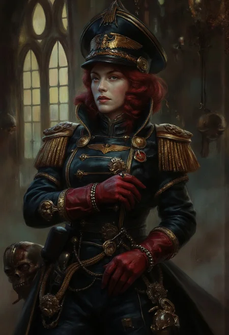 detailed photorealistic image, Exquisite female as (imperial commissar), dark redhead, warhammer 40k, black higly decorated longcoat, red gloves,( pointy eagle-shaped commissar cap), decorated with skull and ((aquila)) motives, pants with kneepads in the shape of skull, dramatic angle, (oil painting), in (ukiyo-e art style:0.3), (by Edgar Degas:1.1), (by Pierre-Auguste Renoir:0.7), (by Claude Monet), (by Vincent Van Gough:1.2), (by J M W Turner:1.2)
, directional lighting, masterpiece, perfect composition, perfect hands <lora:ARTifacts:0.8> , w4rh4mm3r style oil painting