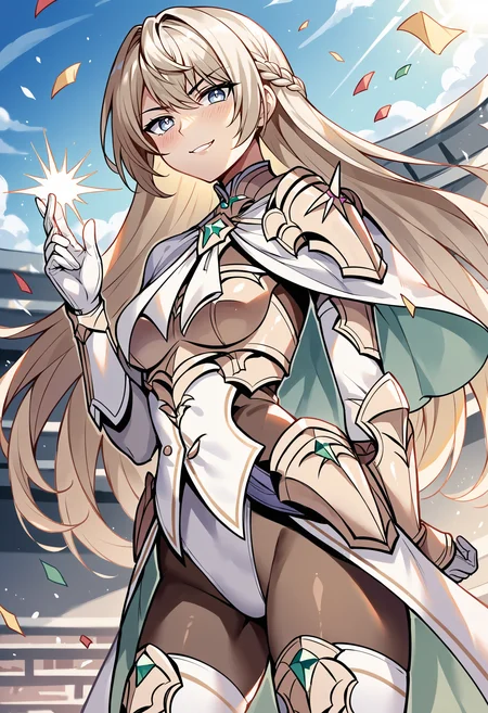 score_9,, score_8_up, score_7_up, source_anime, <lora:hildakr-ponyxl-beta1-11:1>, HildaKRLoh, platinum blonde hair, long hair, gradient eyes, white capelet, single shoulder armor, armor, white leotard, brown bodysuit, bodysuit under clothes, gloves, long sleeves, white thighhighs, waist cape, green gemstone, looking at viewer, looking down, hand up, arm behind back, dutch angle, arched back, (legs apart:0.4), colosseum, outdoors, lens flare, shine, upper body, glistening, smug, smirk, energy, from side, magic, confetti, blurred background, from below, heroic, cowboy shot,