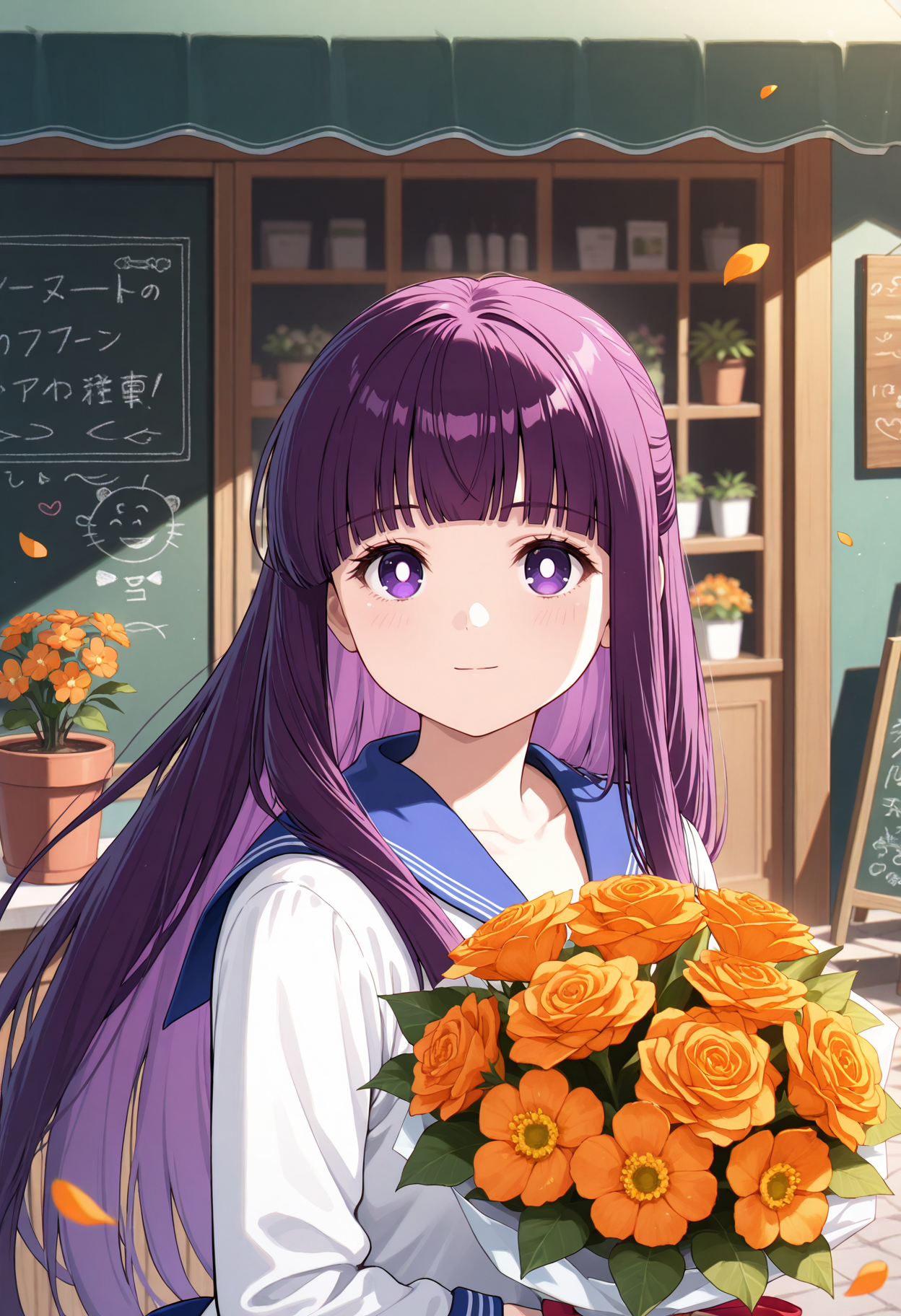 masterpiece, best quality, 1girl, solo, purple hair, long hair, blunt bangs, sailor moon outfit, flower shop, outdoors, storefront, flower pot, potted plant, shelf, orange flower, holding bouquet, bouquet, upper body, purple eyes, bright pupils, chalkboard sign, petals, wind, looking at viewer, blurry, blurry background, light blush, light smile, closed mouth