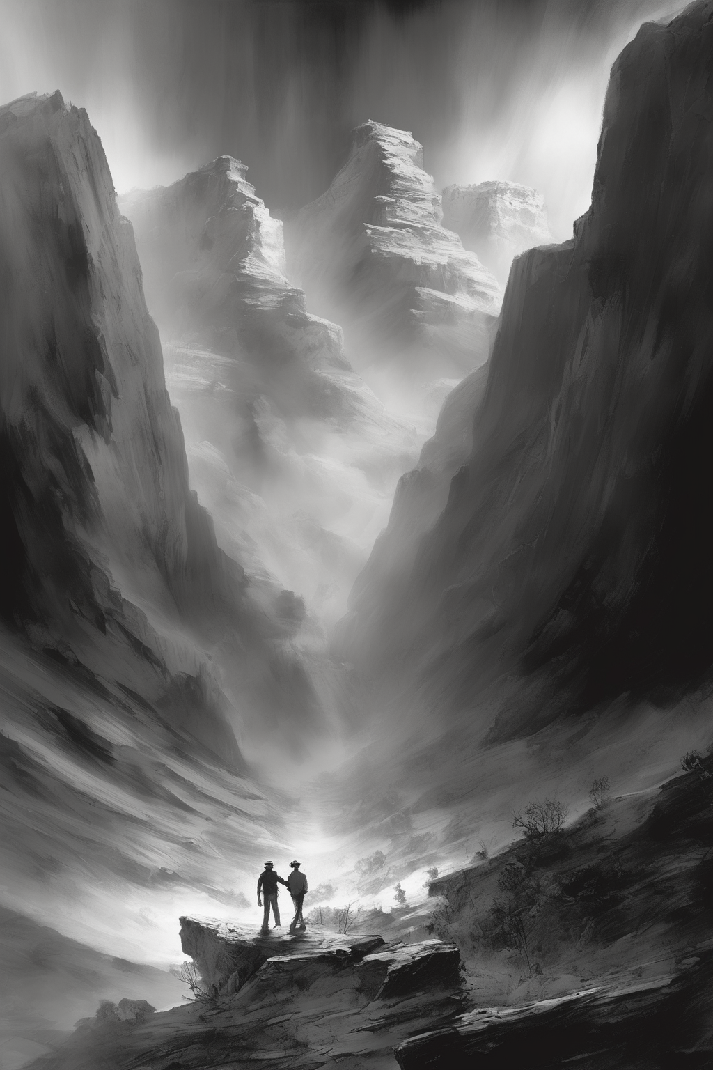 John Martin Style - living a very happy life on the surface in the syle of bob ross, a grand canyon sized tectonic event rips across the land in the style of michael bay, falling into an underworld in the style of stephen gammell