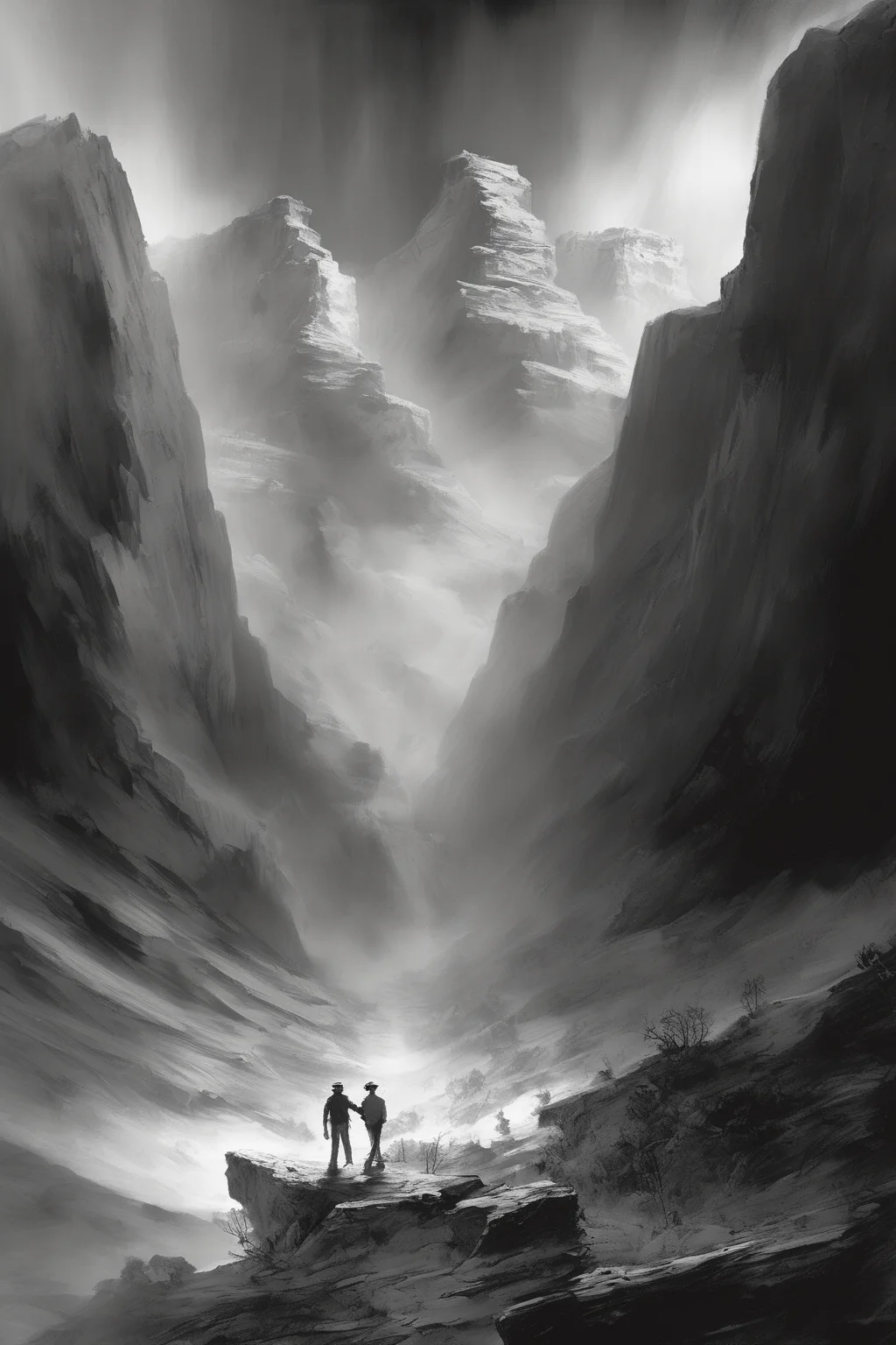 John Martin Style - living a very happy life on the surface in the syle of bob ross, a grand canyon sized tectonic event rips across the land in the style of michael bay, falling into an underworld in the style of stephen gammell