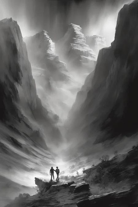 John Martin Style - living a very happy life on the surface in the syle of bob ross, a grand canyon sized tectonic event rips across the land in the style of michael bay, falling into an underworld in the style of stephen gammell