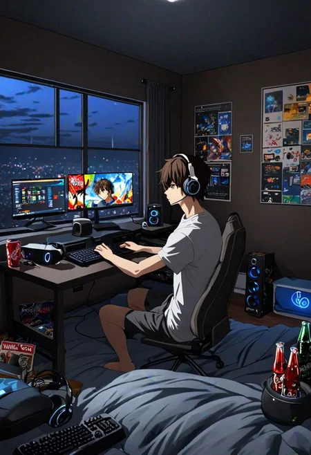 Highres, Masterpiece, High Quality, 4K, 8K, solo, 1Boy, Seiya Kanie, short dark brown hair, golden eyes, potarit, bed room, game room, comfortable, dark walls, RGB lights, quiet, window, night view, keyboard, pc, mouse, laptop, mattress, headset, speakers, stickers, soda drinks, snacks,, easynegative, detailed_eye_model