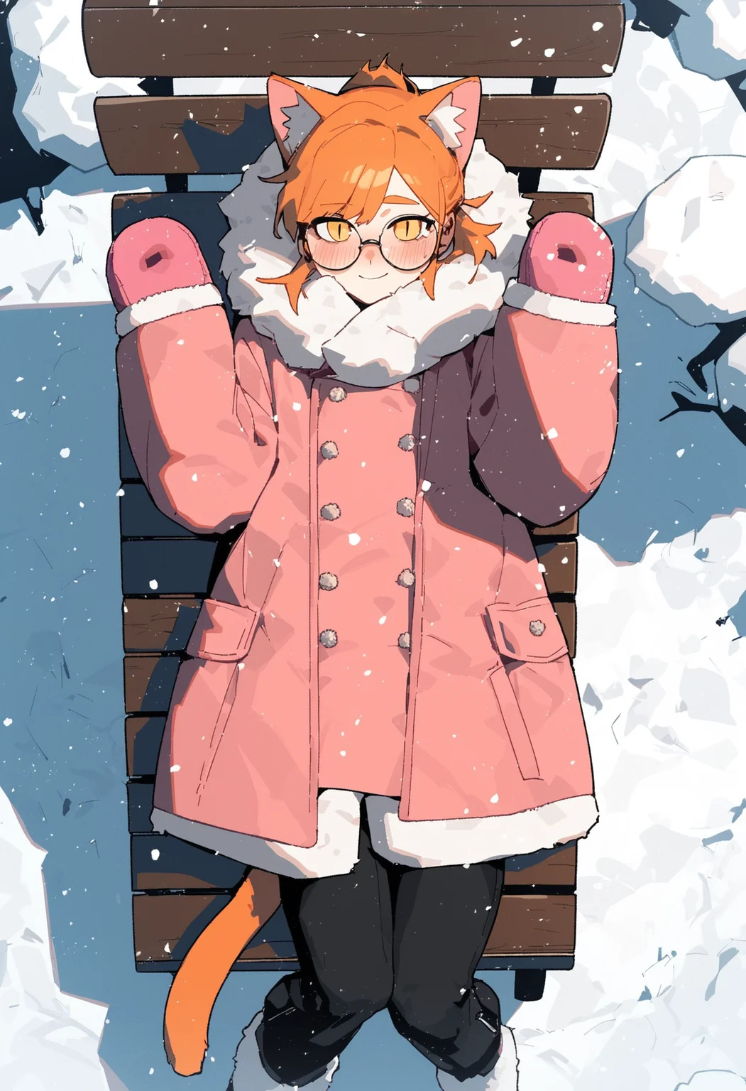score_9, score_8_up, score_7_up, 
1femboy, skinny, light orange cat ears, light orange cat tail, short ponytail, air_bangs, (light orange hair), yellow eyes, slit pupils, round glasses,
pink jacket, down jacket, fur hood, fur collar, fur boots, pants, pink mittens, 
winter forest, snowfall, sun, cloud,
mouth vapour, blush, looking at viewer,
lying on bench, on back, from above,
front view, full body,
<lora:Expressive_H:0.3>,<lora:Gogalking_-_style:0.8>, gogalking,
