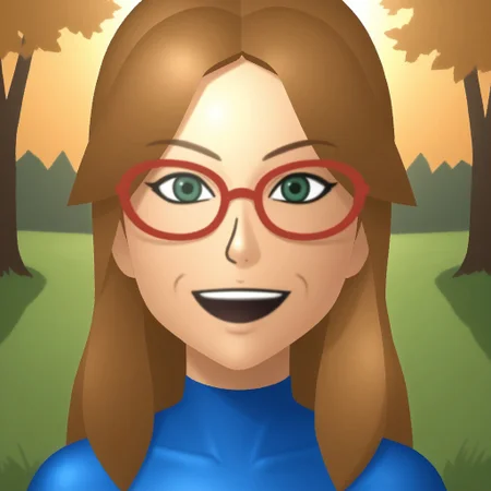 score_9, score_8, BREAK, solo, wii, mii, wii sports, 1girl, female mii, green eyes, dark blonde hair, brown eyebrows, red glasses, open mouth, dark blue clothing, white pants, flip flops, nintendo mii, modern_mii, classic_mii, breasts, ashley_(wii_sports), cute, sexy pose, smile, outdoors, sunlight, shadows, evening lighting, natural lighting, forest, trees, grass, orange sky, sunset