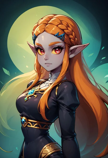 score_9, score_8_up, score_8,
medium breasts, cute, eyelashes ,
(green glow),
vivid, vibrant colors, color theory,
(zzTwilightZelda:1.1), glow, glowing, dark skin, grey skin, glowing tattoo, pointy ears, red eyes, orange hair, long hair, yellow sclera, princess zelda, 1girl, bangs, breasts, bridal gauntlets, closed mouth, black robe, expressionless, from side, jewelry, long hair, long sleeves,
(crazy abstract background),
looking at viewer,
glowing, Expressiveh, zPDXL2