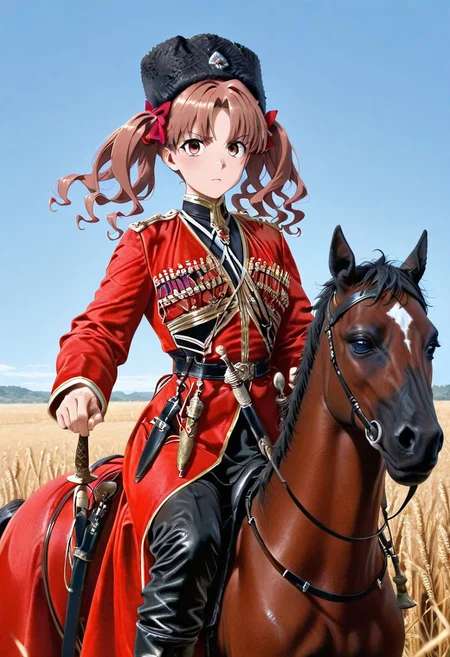 masterpiece, best quality, amazing quality, absurdres, one girl, shirai kuroko, k4z4k, black fur hat, red coat, black shirt, sheath, sword, military uniform, dagger, black boots, horse, riding, blue sky, wheat, cowboy shot, looking at viewer, dynamic pose,