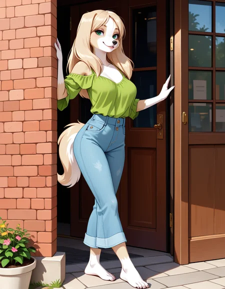 masterpiece, best quality, very aesthetic, absurdres,
outdoors, casual,
standing, posing,
full body, seductive smile, parted lips, long eyelashes,
<lora:Kelsey_v01_NAIXL:1>
Ke1s3y,1girl,solo,furry,furry female, dog girl, long hair, blonde hair, dog ears, green eyes, snout, animal nose, body fur, two-tone fur, yellow fur, white fur, dog tail,