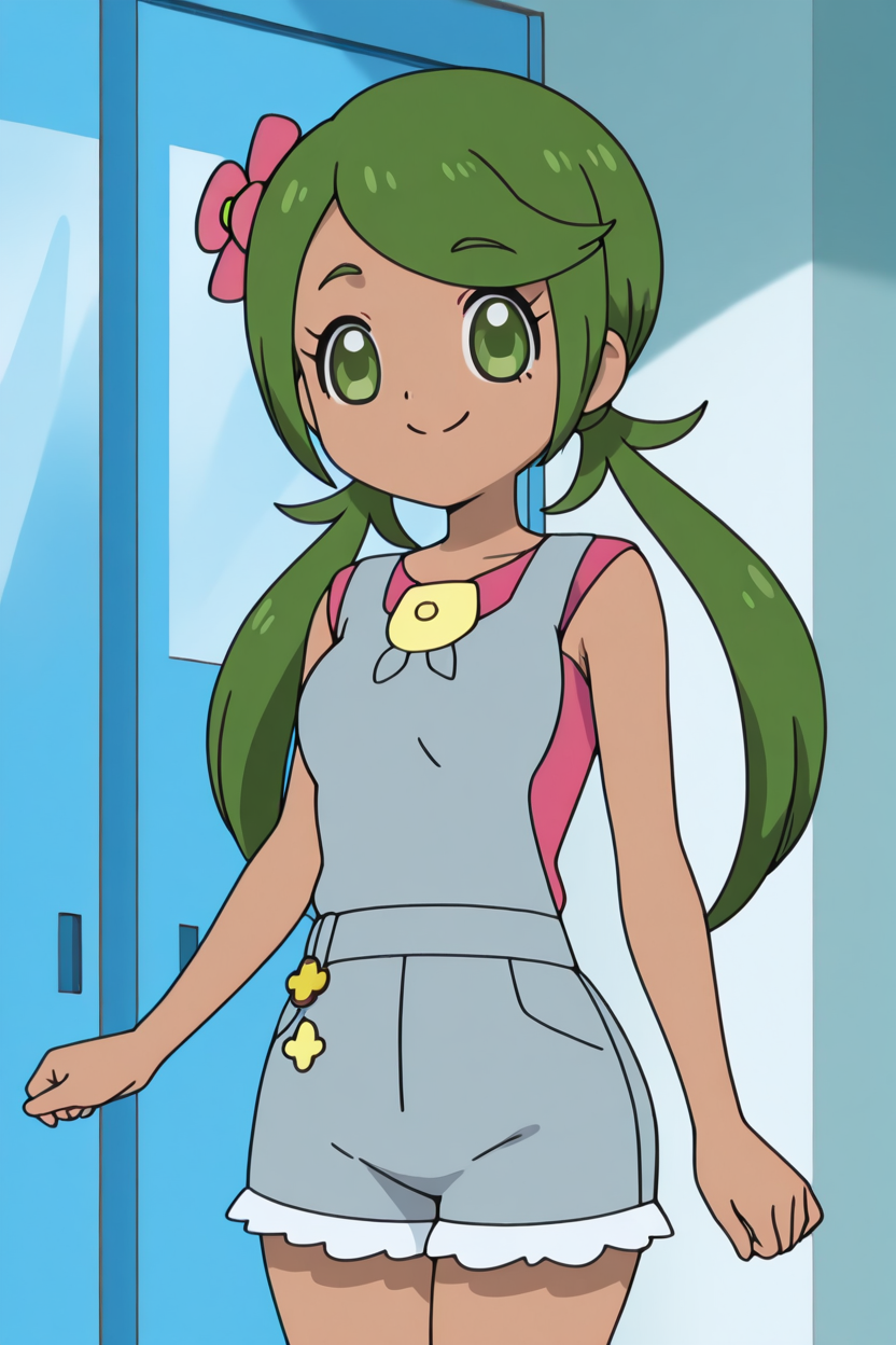 masterpiece, best quality, medium breasts, (curvy),  ,,, BREAK, zzMallow, green hair, green eyes, hair flower, hair ornament, grey overalls, pink shirt, sleeveless, grey shorts, <lora:MallowPokemonIXL_e09:1.0>,BREAK,  smile, looking at viewer, cowboy shot,    ,<lora:Himitsu_no_Cocotama_IXL:1.0>,