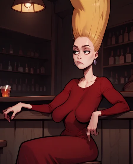 score_9,score_8_up,score_7_up,score_6_up,
pcklesxl,upward hair,large blonde hair,black eyes,bored expression,
red dress,earrings,sagging breasts,long sleeves,
bar,sitting,<lora:Pickles:1>,