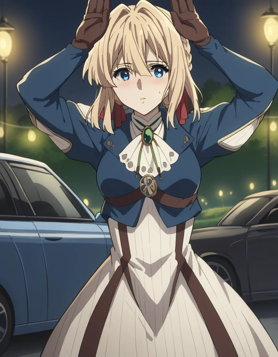 score_9, score_8_up, score_7_up, source_anime, <lora:violet-evergarden-s1-ponyxl-lora-nochekaiser:1>, violet evergarden, blonde hair, blue eyes, hair ribbon, ribbon, short hair, braids, hair braids, red ribbon, mature female, medium breasts,, blue jacket, brown gloves, cropped jacket, dress, gloves, green brooch, jacket, juliet sleeves, long sleeves, puffy sleeves, white dress,, gas station, pumps, car, fuel, lights, , <lora:rabbit-pose-ponyxl-lora-nochekaiser:1>, rabbit pose, , blush,, looking at viewer, solo,, dutch angle, cowboy shot