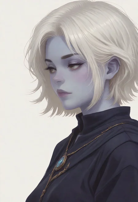 score_8_up, score_7_up, score_6_up, dnd <lora:dnd_flat:0.95> 1girl tiefling, portrait, short horns, blue skin <lora:Crude:0.6> (wizard clothes:1.2) , jewelry, short BOB hair, WHITE hair, close up, side view.
WHITE BACKGROUND