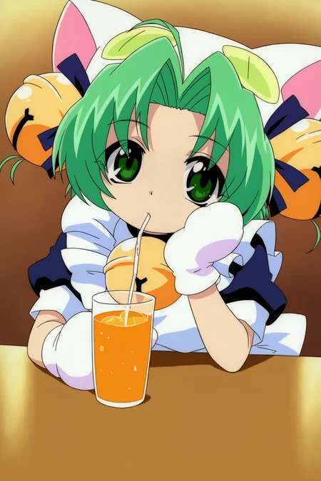 digicharatspecial, dejiko, 1girl, flat chest, solo, short hair, hair ornament, hat, animal ears, green eyes, green hair, cat ears, hair intakes, hair bell, animal hat, cat hat, gloves, short sleeves, white gloves, puffy short sleeves, animal hands, hair bell, mittens, animal hat, cat hat, white mittens, maid, looking at viewer, head rest, drinking straw, drink, drinking, orange juice, table, 
very awa, masterpiece, best quality, absurdres, highres, 