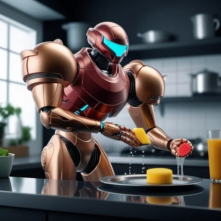 cinematic photo a robot washing dishes in a kitchen, detailed hands, holding a plate and a sponge <lora:Metroid1024:0.7> . 35mm photograph, film, bokeh, professional, 4k, highly detailed