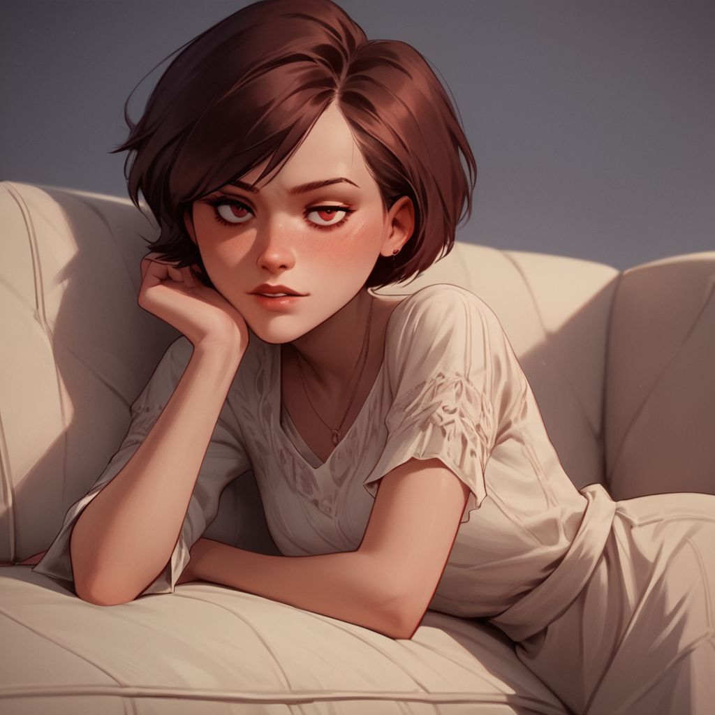 score_9, score_8_up, score_7_up, score_6_up, score_5_up, score_4_up, rating_questionable, 1girl, Hel_en, on a couch, seductive look, short hair, dark red hair, big hips, 1970 aesthetic, blouse