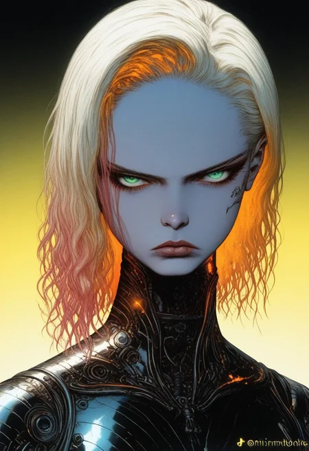 score_9, score_8_up, score_7_up, (absurdres, best quality, masterpiece:1.4), score_9, score_8_up, score_7_up, score_6_up, detailed, detailed body, detailed face, fantasy, lora:add-detail-xl:1.5, easynegative, anime, chromecore, expressiveh, deedees, g4n1m3, comicbookpage style, (futuristic knight armor), (neon purple and black armor), (metallic chrome skin), (laser-cut chrome blade), (glowing orange details), (short platinum blonde hair), (vivid green eyes), (neon purple and black gradient background), (sinozick style), (flat color), (simple background), (neon purple and black tones), (vibrant accents of orange and violet), (colorful), (expressionless), (serious), (dark vibes), (dark fantasy), (intricate armor details), (reflective chrome highlights), (colored skin), (gradient effects), (mythp0rt), (polished textures), (dramatic lighting), (surreal elegance), (shimmering neon highlights), (intricate details), (minimalistic backdrop), (striking composition), (ethereal glow), (moody aesthetic), (reflective chrome), (soft gleam from the armor), (light reflecting chrome details), (shimmering highlights), (futuristic blade), (glowing orange chromatic effects).